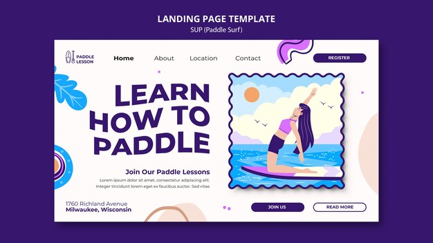 PSD modello di pagina di destinazione per paddle surf con forme astratte