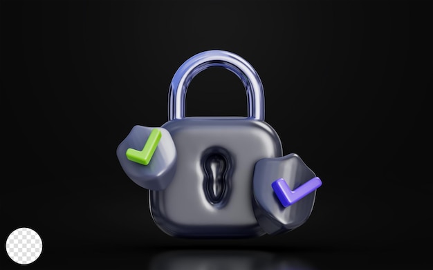 padlock with security shield check mark sign dark background 3d render concept for safe protection