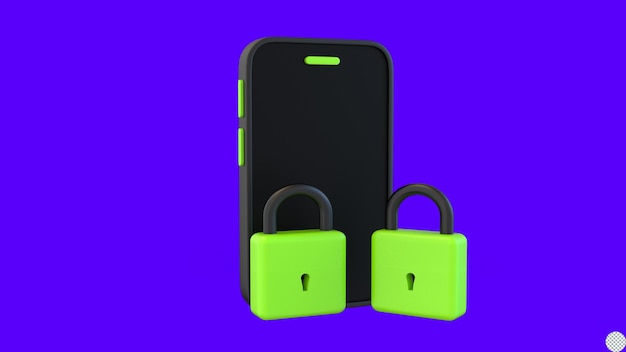 PSD padlock with smart phone for online password security 3d render isolated illustration