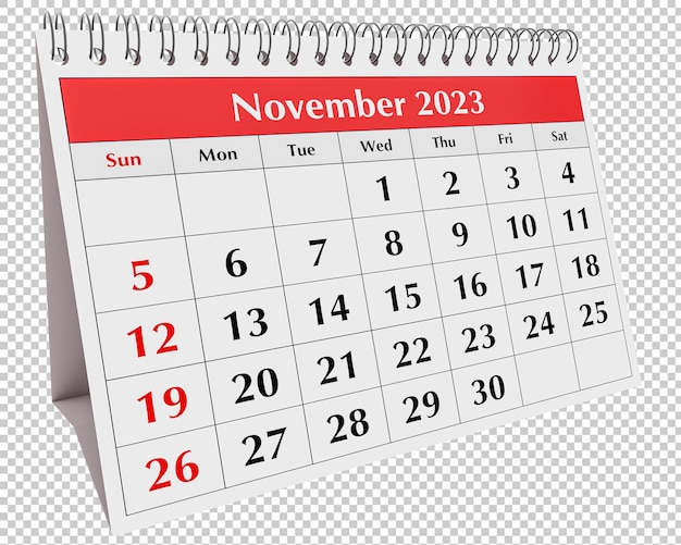 Page of the annual business desk monthly calendar isolated Date month November 2023 psd transparent