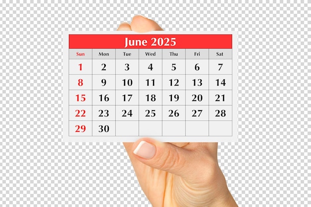 Страница ежегодного ежемесячного календаря июня 2025 года в руке Изолирована на прозрачном PSD