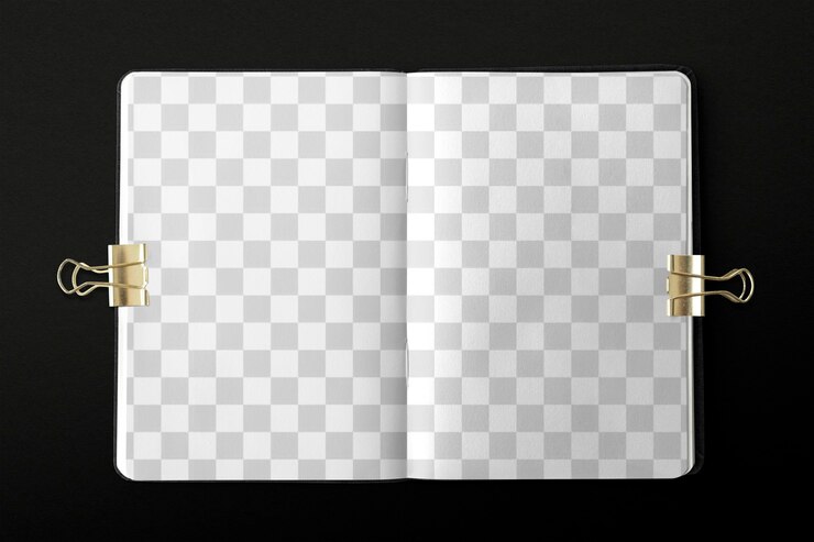PSD pages png journal mockup on black background