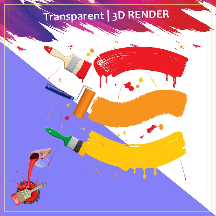 PSD paint bucket oil paint roller brush blue red black paint color spread paint splash brush