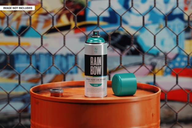 PSD paint can on barrel with graffiti in the background mockup