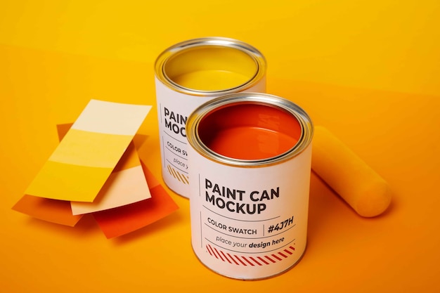 PSD paint cans and roller with yellow background