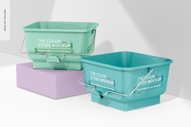paint roller bucket mockup on podium