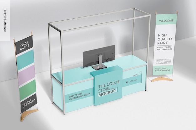 Paint Shop Counter Mockup Hoge hoekweergave
