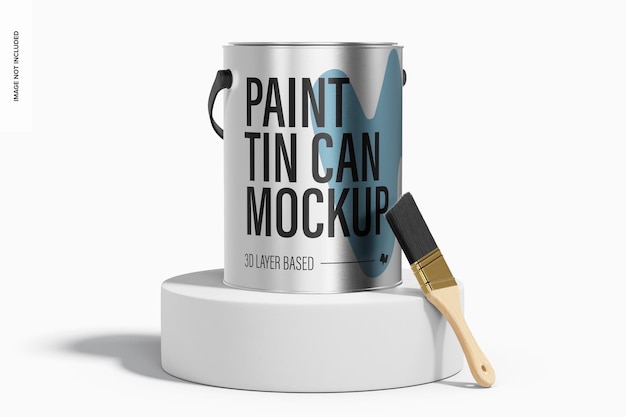 PSD paint tin can with plastic handle mockup, on podium