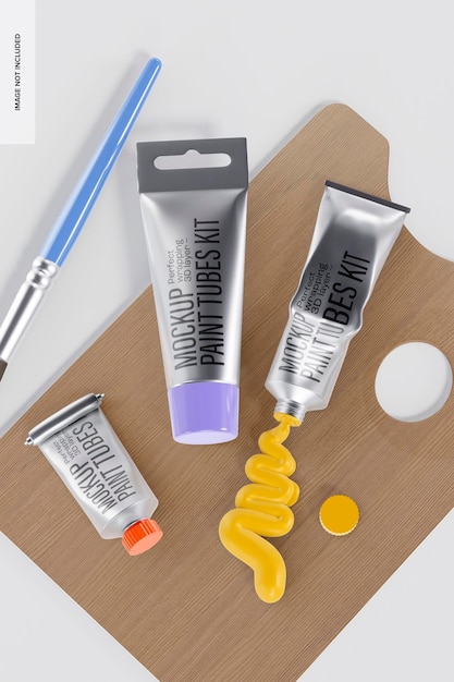 PSD paint tubes kit mockup, on surface