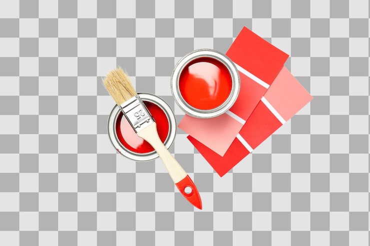 PSD a paintbrush and two cans of paint with color samples isolated on white png