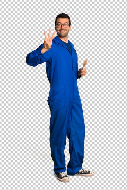 Painter man happy and counting three with fingers