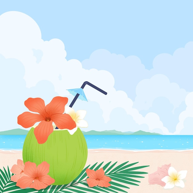 浜辺の花と鳥のビーチシーンを描いた絵