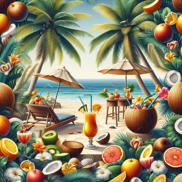 PSD a painting of a beach scene with a tropical scene with a tropical scene