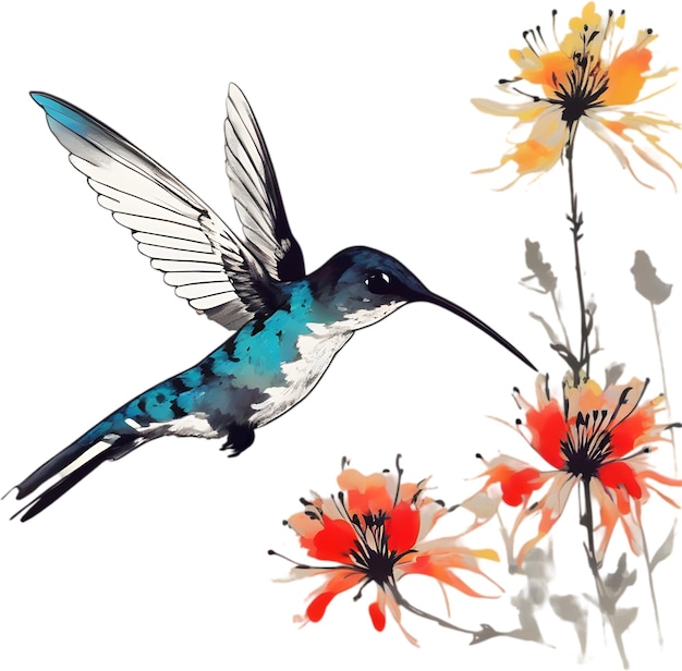PSD painting of a bee hummingbird using the japanese brushstroke technique