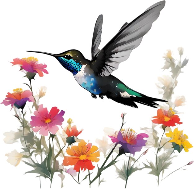 PSD painting of a bee hummingbird using the japanese brushstroke technique