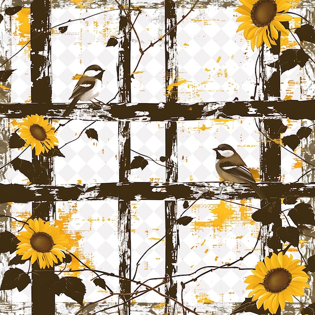 PSD a painting of birds on a fence with a grunge background