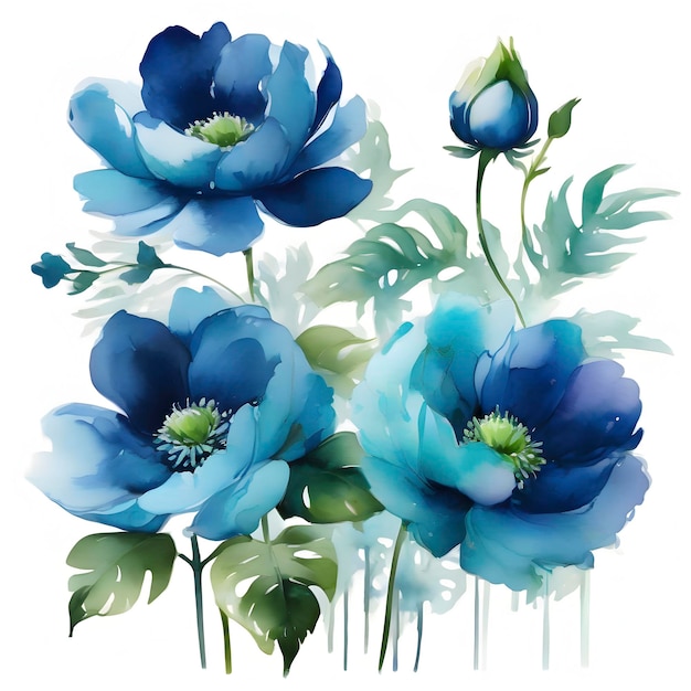 Painting of blue flowers with green leaves aigenerated