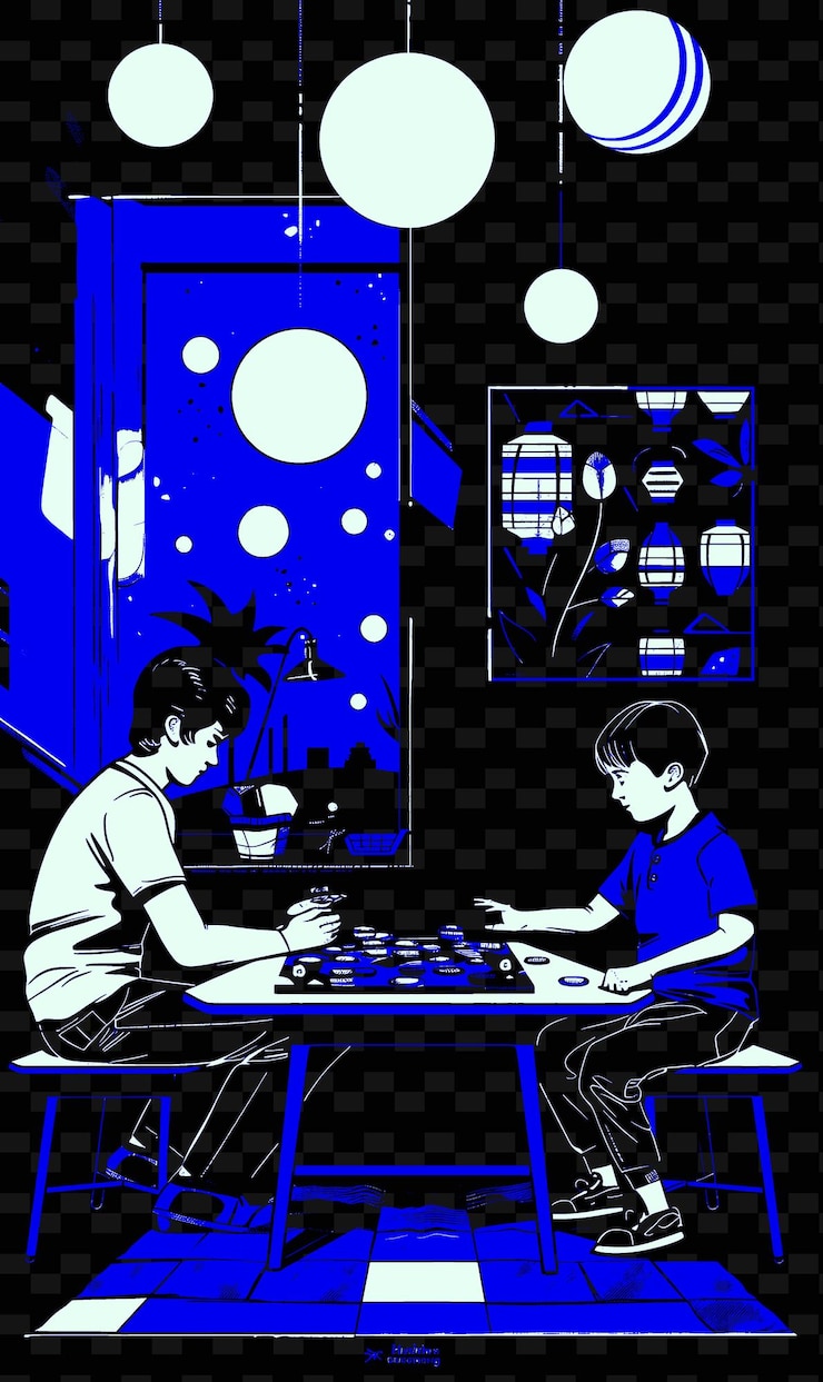 PSD a painting of a boy playing chess with a boy playing chess