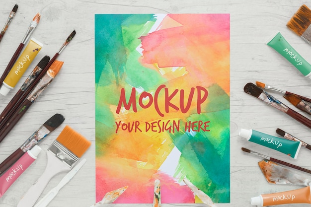 PSD painting brushes and watercolors mock-up