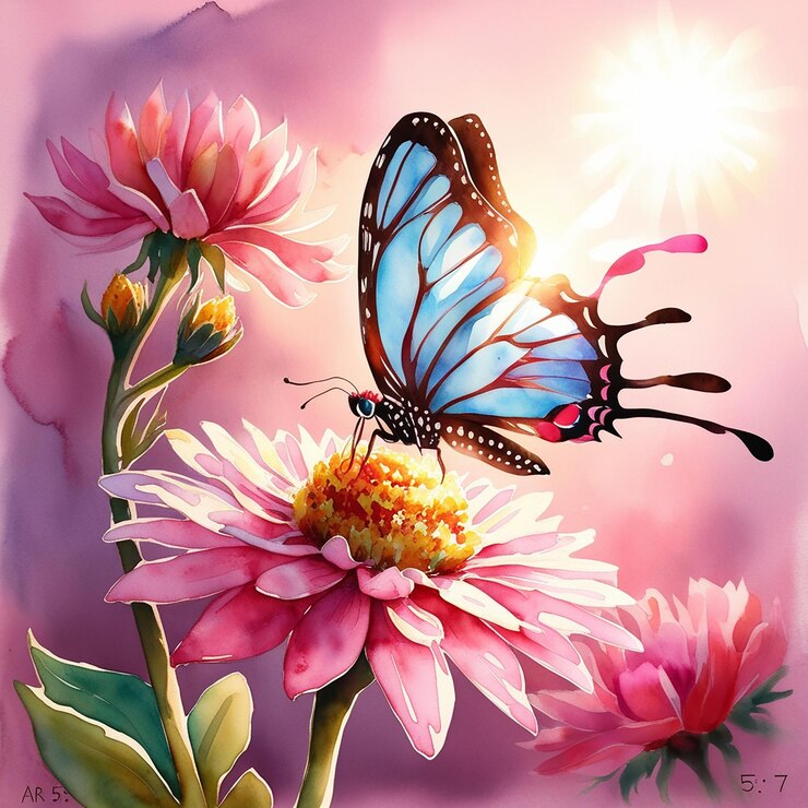 PSD a painting of a butterfly and flowers with the sun shining on them
