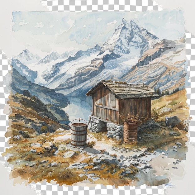 PSD un dipinto di una capanna con una montagna sullo sfondo