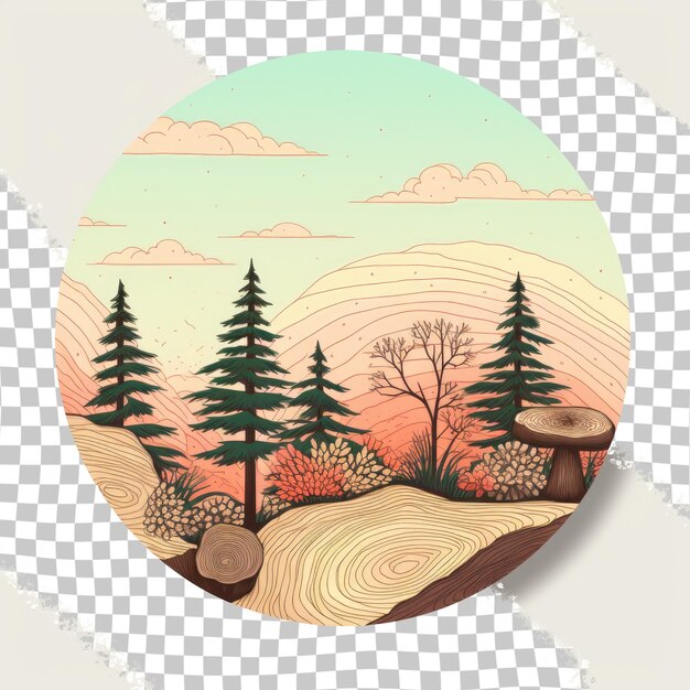 PSD a painting of a circular forest with trees mushrooms and a cloudy sky