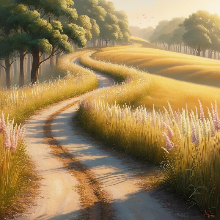 a painting of a country road with a field and trees