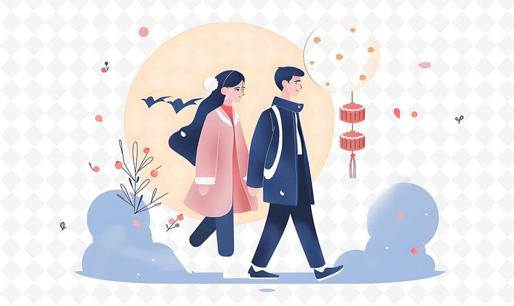 PSD 背景にランタンを掲げて雪の中を歩くカップルの絵画