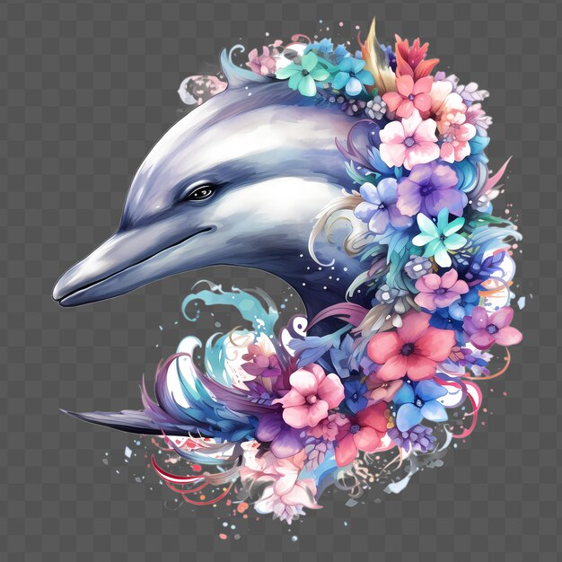 PSD a painting of a dolphin with flowers and a flower in the middle