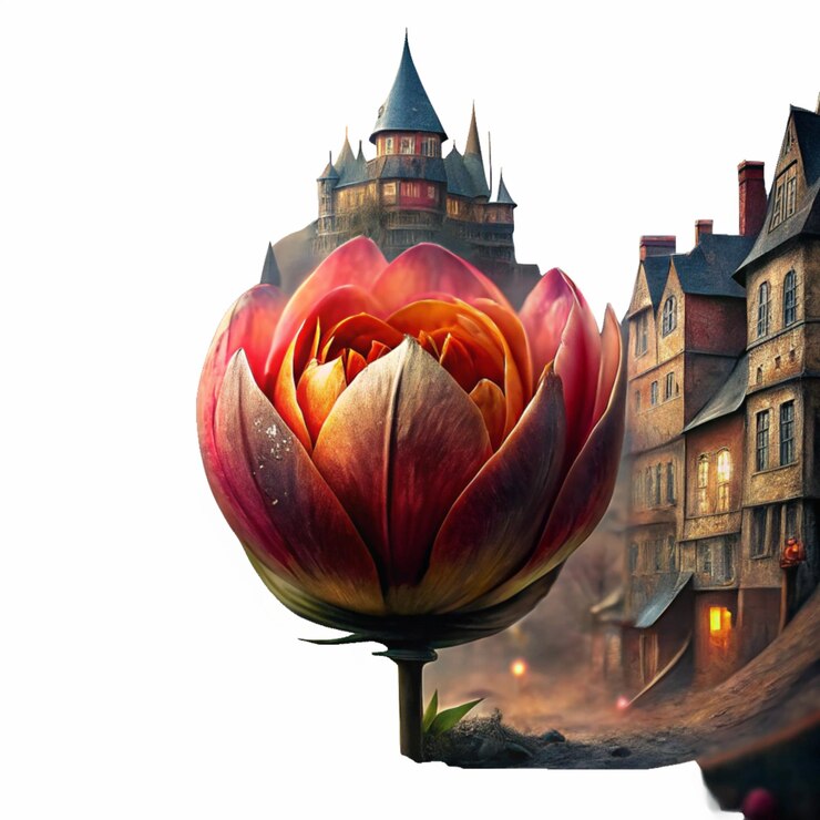 PSD a painting of a flower with a building in the background