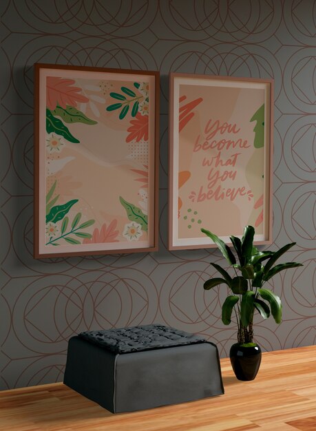 壁に絵画フレームモックアップ