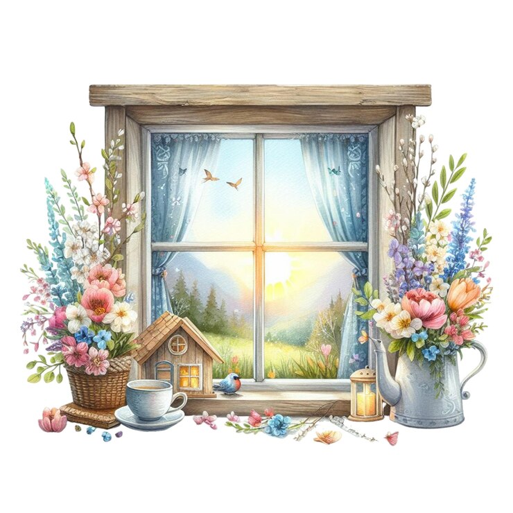 PSD a painting of a garden with a window and flowers