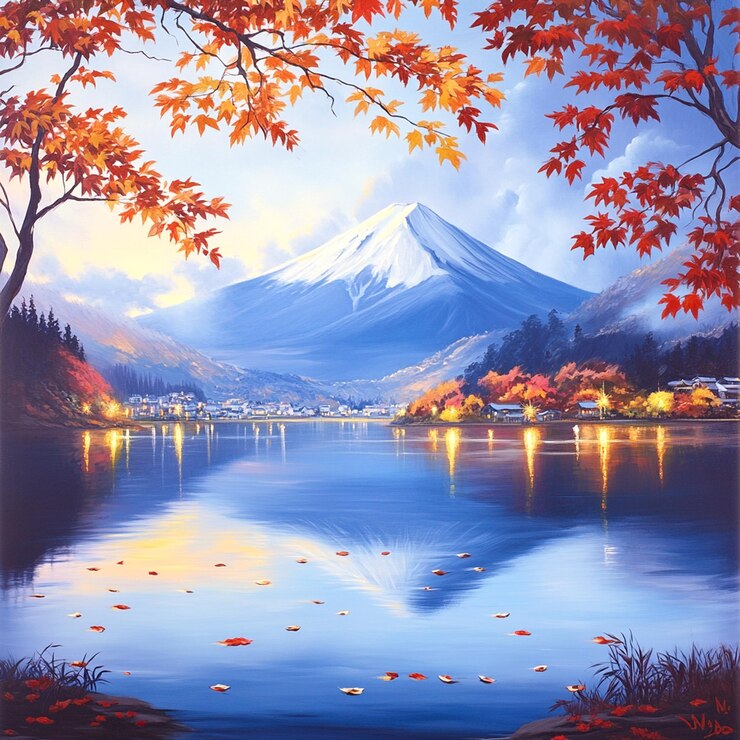 PSD 背景に山と湖がある湖の絵画