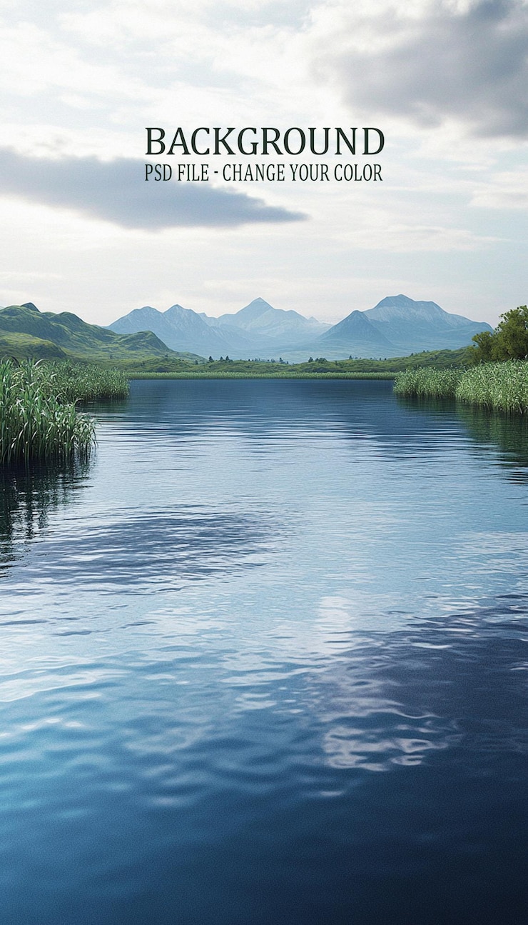 PSD 背景に山がある湖の絵側面に緑の木がある海の背景