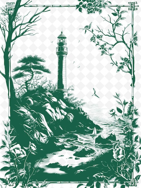 PSD a painting of a lighthouse in the forest with a tree and a bird flying in the background