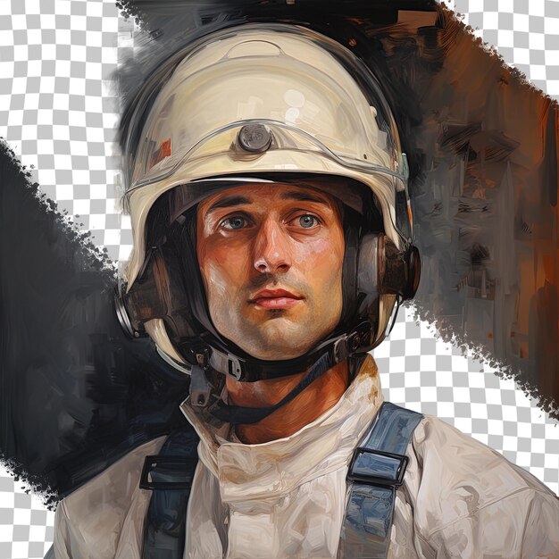 PSD a painting of a man wearing a helmet with the word 