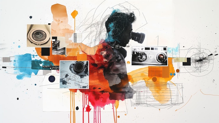 PSD a painting of a man with a camera and a camera in the background