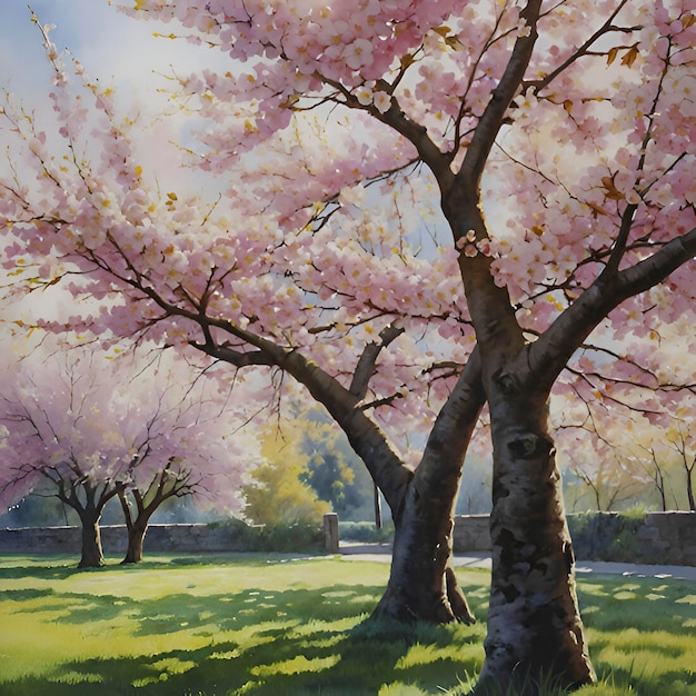 PSD painting of a morning cherry blossom landscape