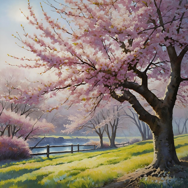 PSD painting of a morning cherry blossom landscape