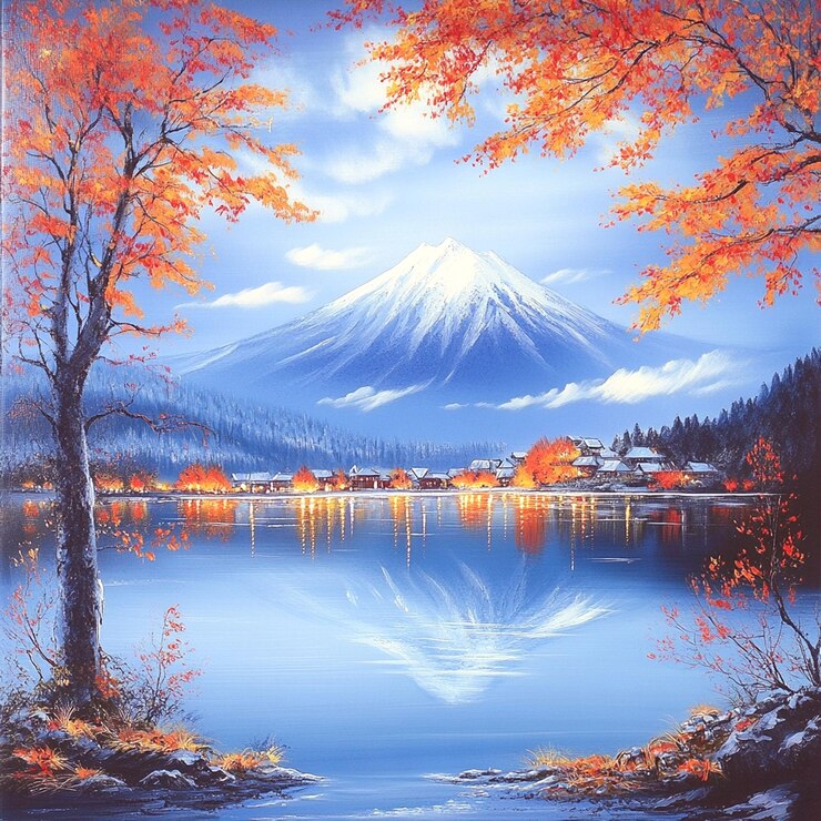PSD 前景の湖と木の山の絵画