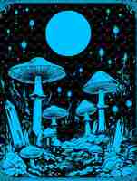 PSD a painting of mushrooms and a blue moon with a blue background