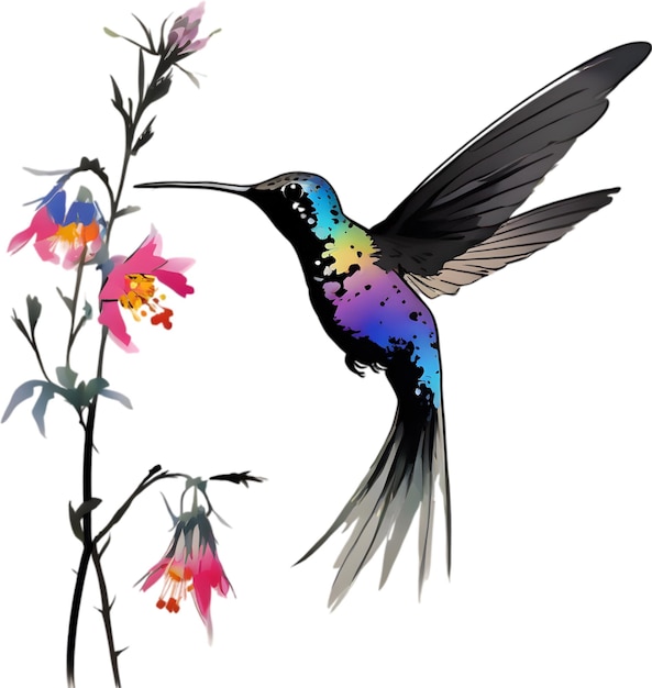 PSD painting of a bee hummingbird using the japanese brushstroke technique