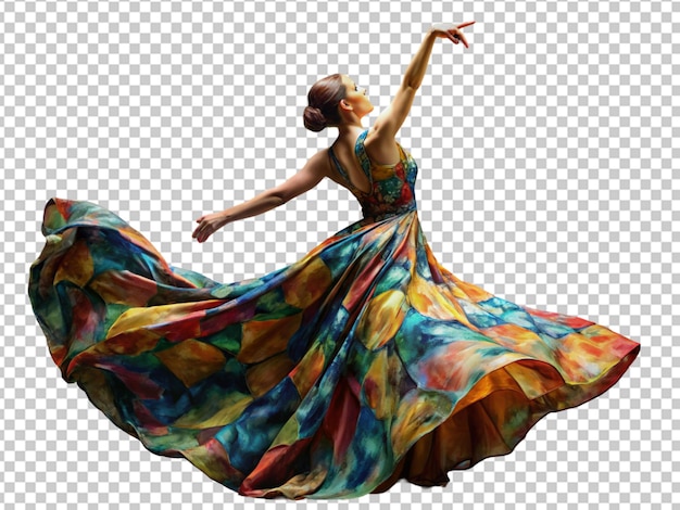 PSD Картина женщины в длинном многоцветном платье и танце.