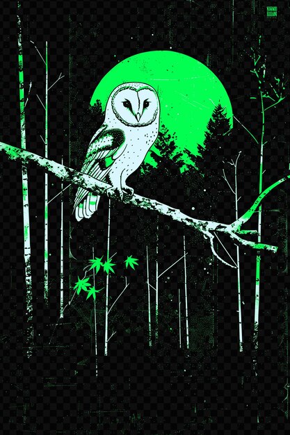 PSD a painting of an owl on a branch with a green moon in the background