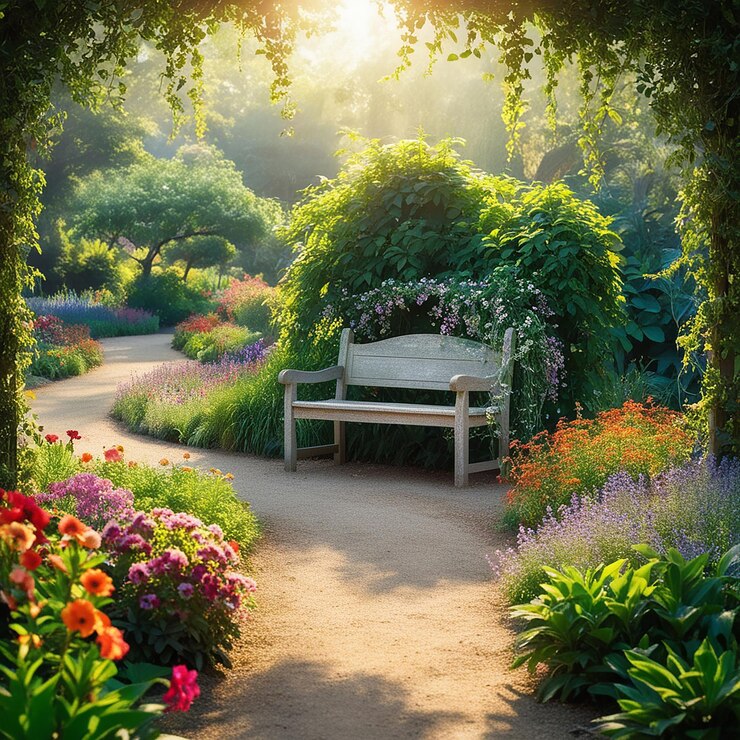 a painting of a park with a bench and flowers