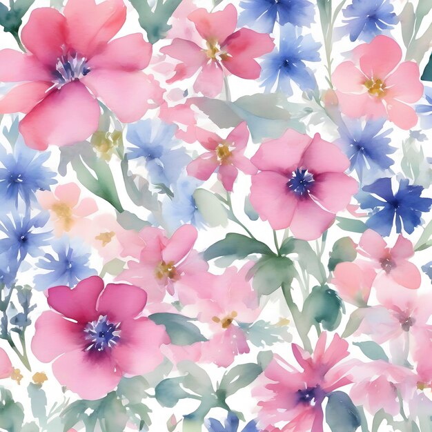 PSD painting of pink and blue flowers on a white background