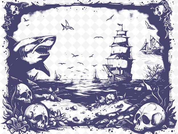 A painting of a pirate ship and a shark in the background