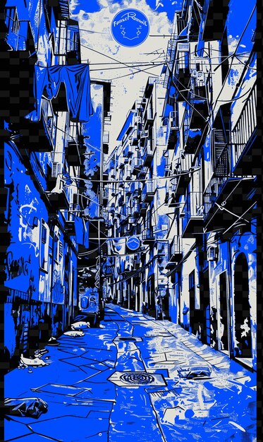 PSD a painting of a street with a blue flag on it