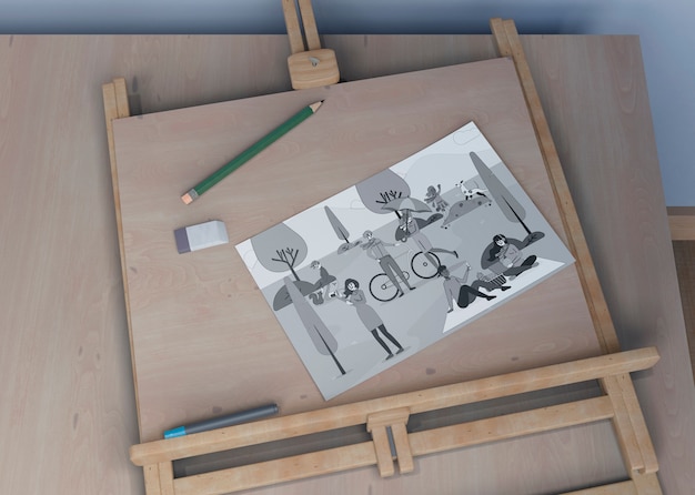 painting support with sheet sketch on desk