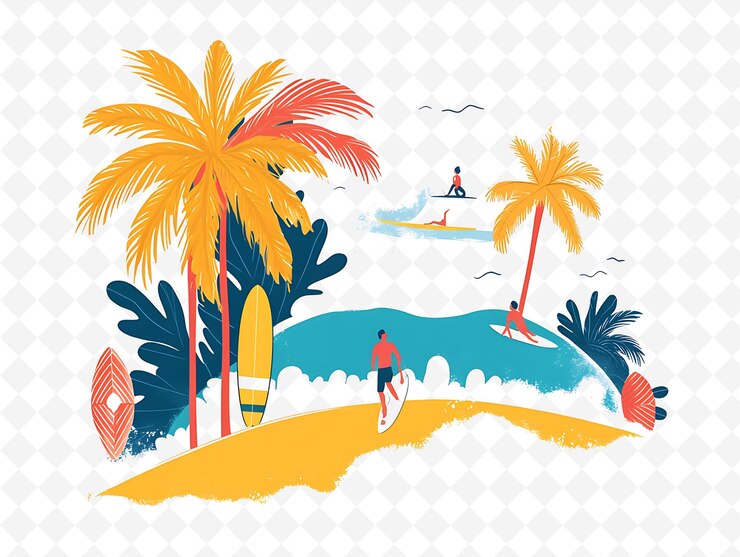 PSD a painting of a surfer and a palm tree on a beach